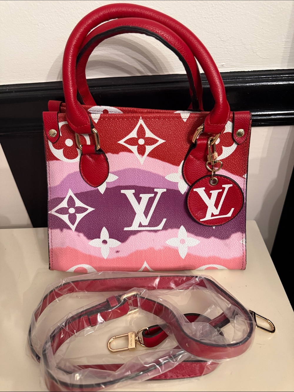 Red, Pink & Purple MONOGRAM Mini Tote FAUX  with Gold Charm BNWOT